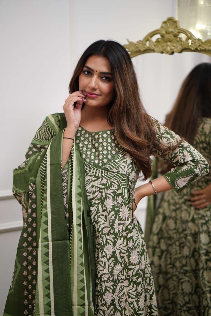 Anarkali Cotton Kurti Pant And Dupatta Set For Women's And Girls/Ethenic Wear For Indian Women's